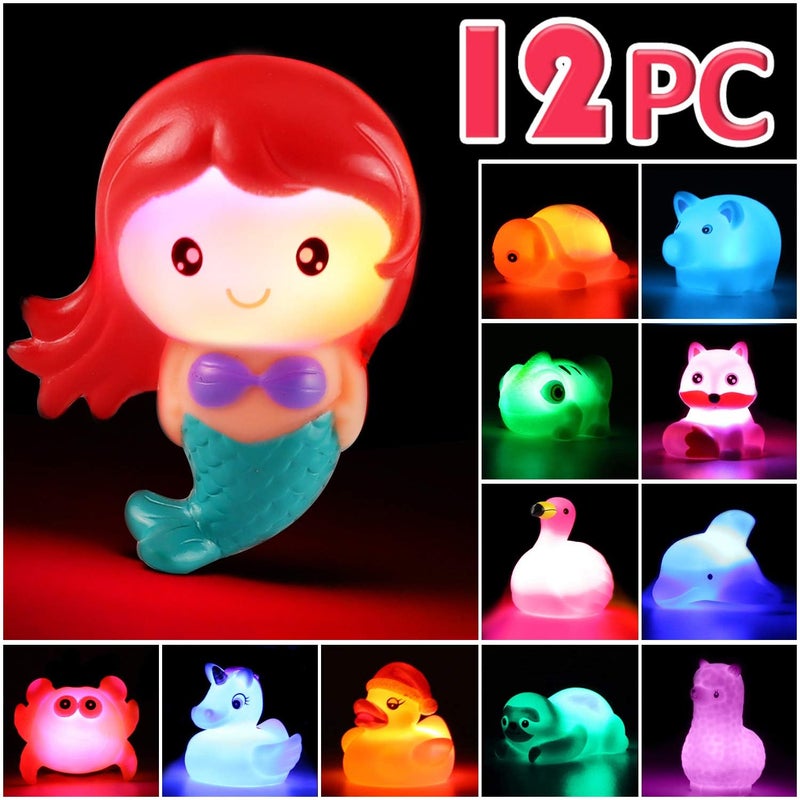 Laxdacee No Hole Bath Toy, 12 Pack Light up Animal, Flashing Color Tub Toys for Toddler Swimming Pool Party Bathtub Bathroom Shower Game, Bathtub Floating Water Toy for Infant Kid Toddler Boy Girl - Image 1